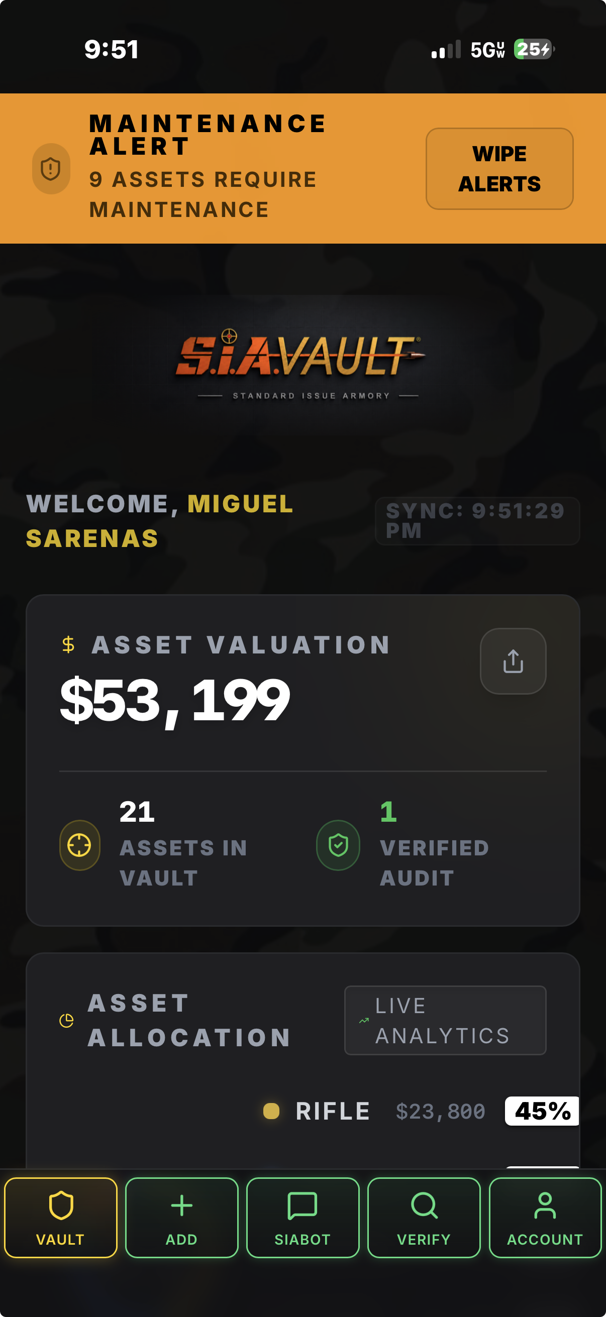 SiAVault dashboard
